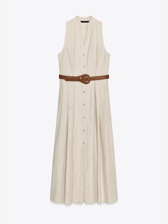 NWT Zara Belted Linen Blend Midi Dress in Tan size L - Picture 7 of 17